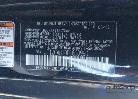 2013 Subaru Brz Premium from USA, damaged, VIN JF1ZCAB10D1608990